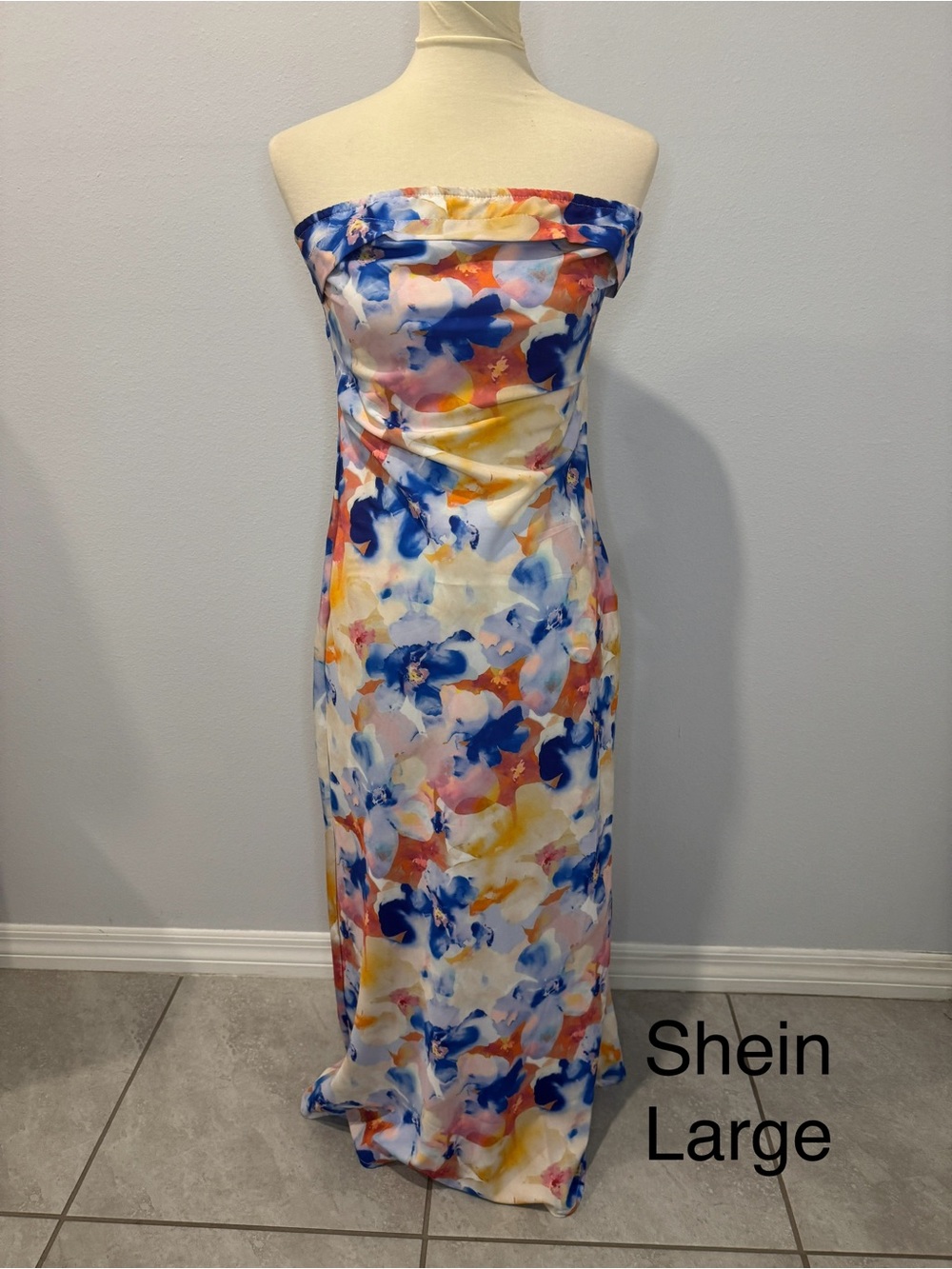 SHEIN Strapless Watercolor Floral Maxi Dress - Blue, Yellow, Orange
